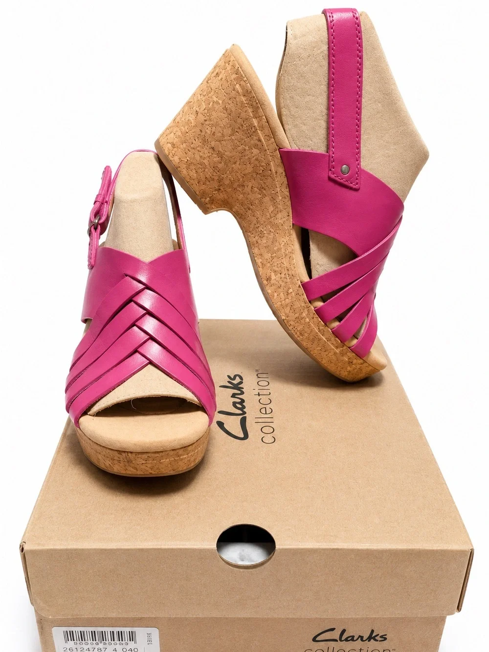 Clarks Giselle Glow Pink Leather Fuchsia Cork Wedge Slingback Sandals NIB